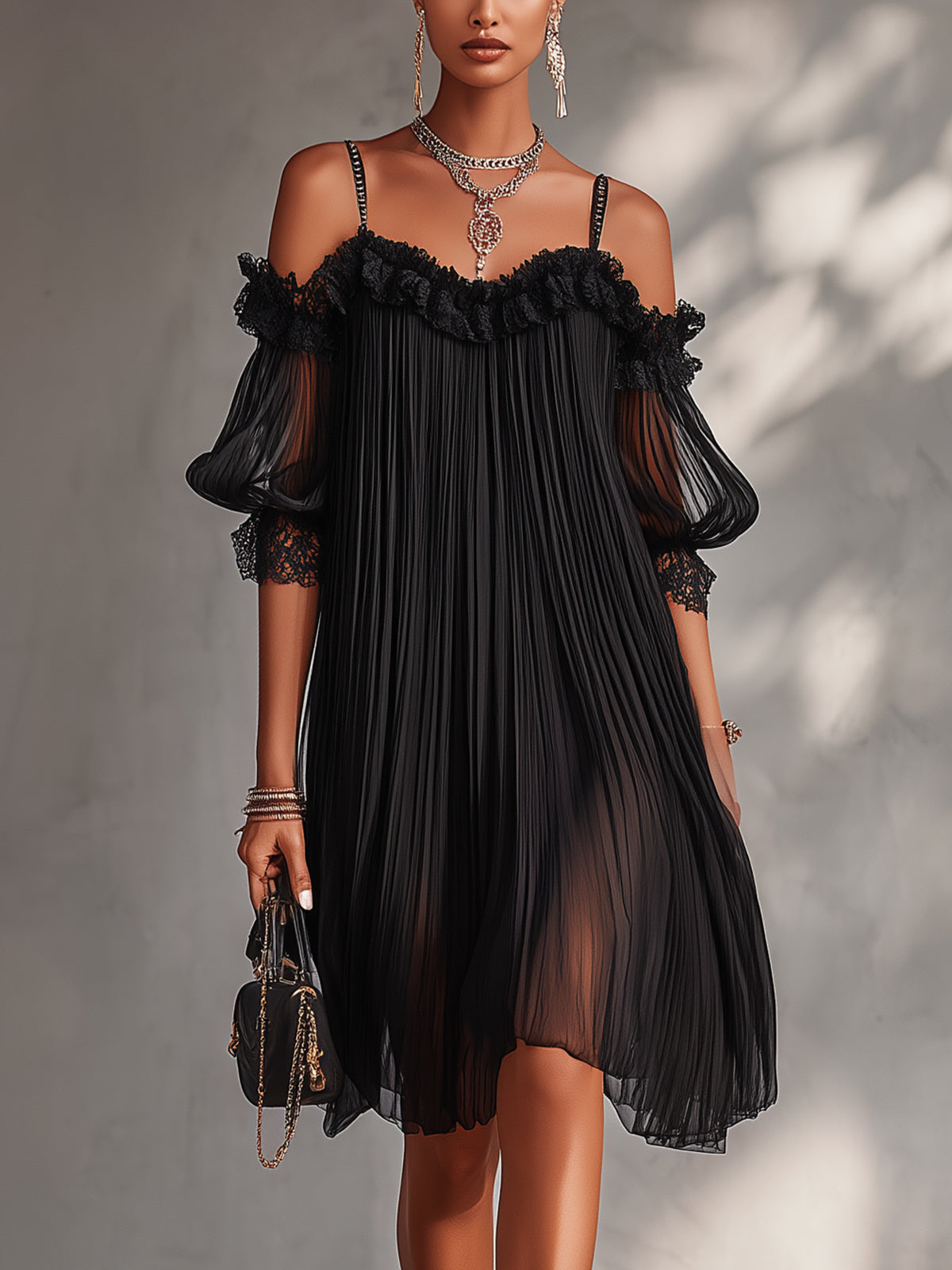 Isadora | Noir Pleated Off-Shoulder Dress