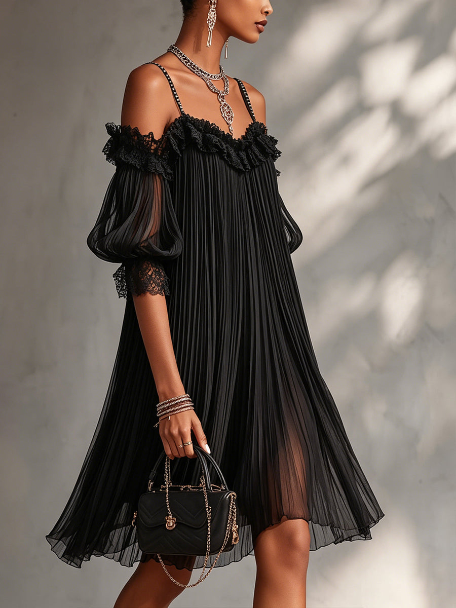 Isadora | Noir Pleated Off-Shoulder Dress